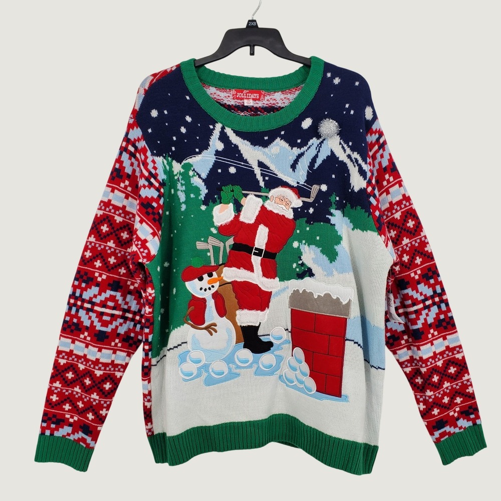 Jollidays Mens 3XB Ugly‎ Christmas Sweater Golfing Santa Snowman Crew Neck New